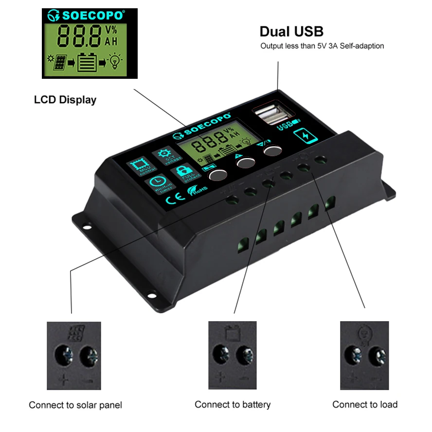 RV 보트 오프 그리드 시스템 용 과충전/단락 보호 기능이있는 12V/24V 100A 솔라 충전 컨트롤러 자동 스위치 LCD 디스플레이