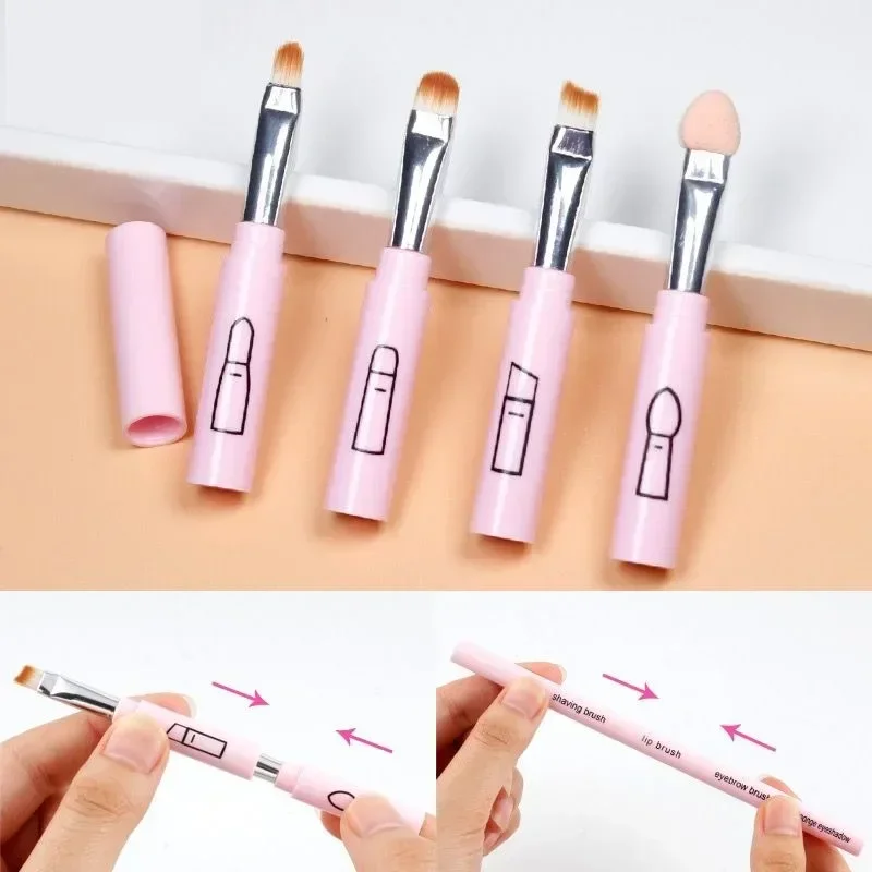 4 in 1 Multifunctional Detachable Makeup Brushes Set Synthetic Fiber Lip Eyeshadow Sponge Foundation Brush Portable Beauty Tools
