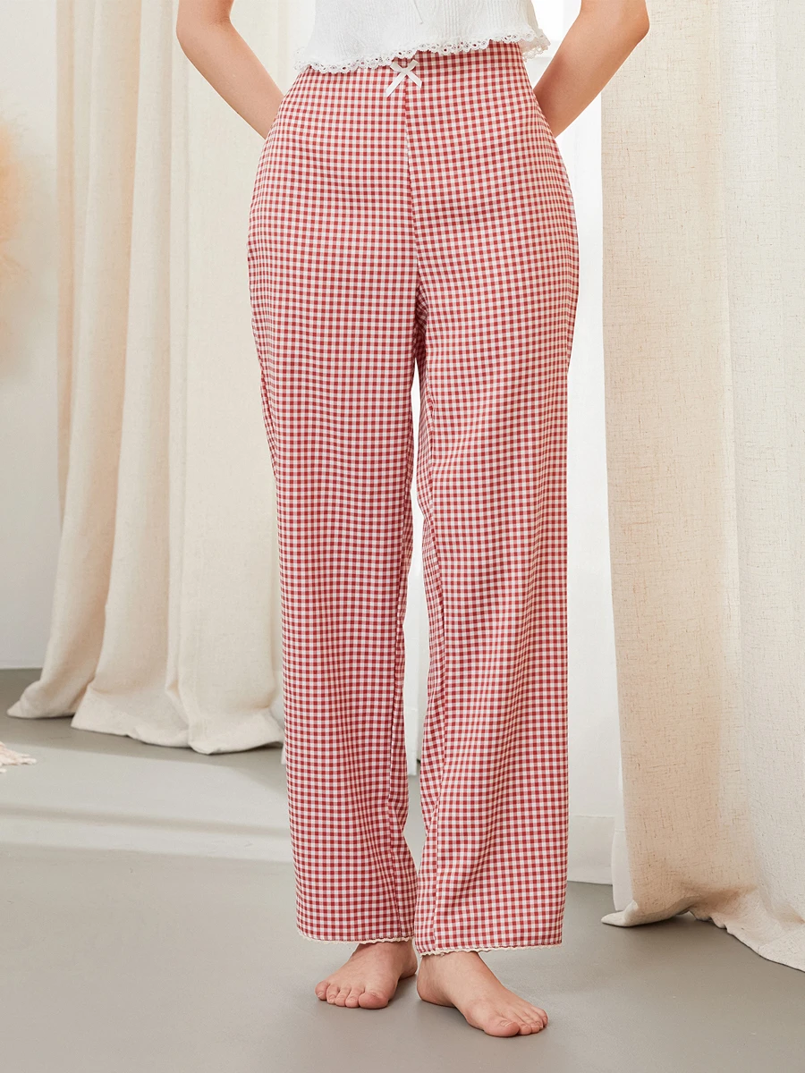 

Women Loose Pants Plaid Bow Elastic Waist Trousers Spring Summer Casual Sweatpants Bottoms