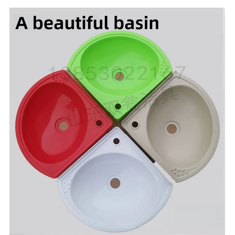 อ่างล้างมือแบบแขวนผนัง ไม่ต้องเจาะ สำหรับบ้านเช่า ทำจากพลาสติก ห้องน้ำเรียบง่าย รูปทรงสามเหลี่ยม แขวนมุมผนัง รูปทรงพัด 1