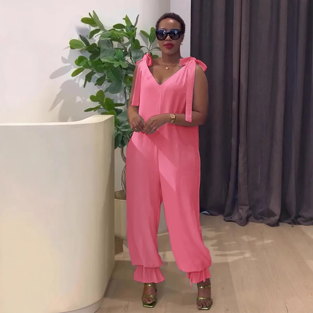 Wmstar Women Clothing 2025 Solid Color Lace-up Elegant Women's Casual Strappy Loose Leg Jumpsuit S-3X Wholesale Dropshipping