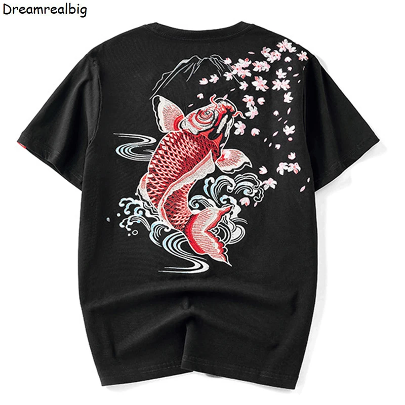 

Japan Style Sakura & Koi Fish Embroidery Men Short Sleeve T-Shirt 2023 New O-Neck Mens Casual Summer Tops 100% Cotton