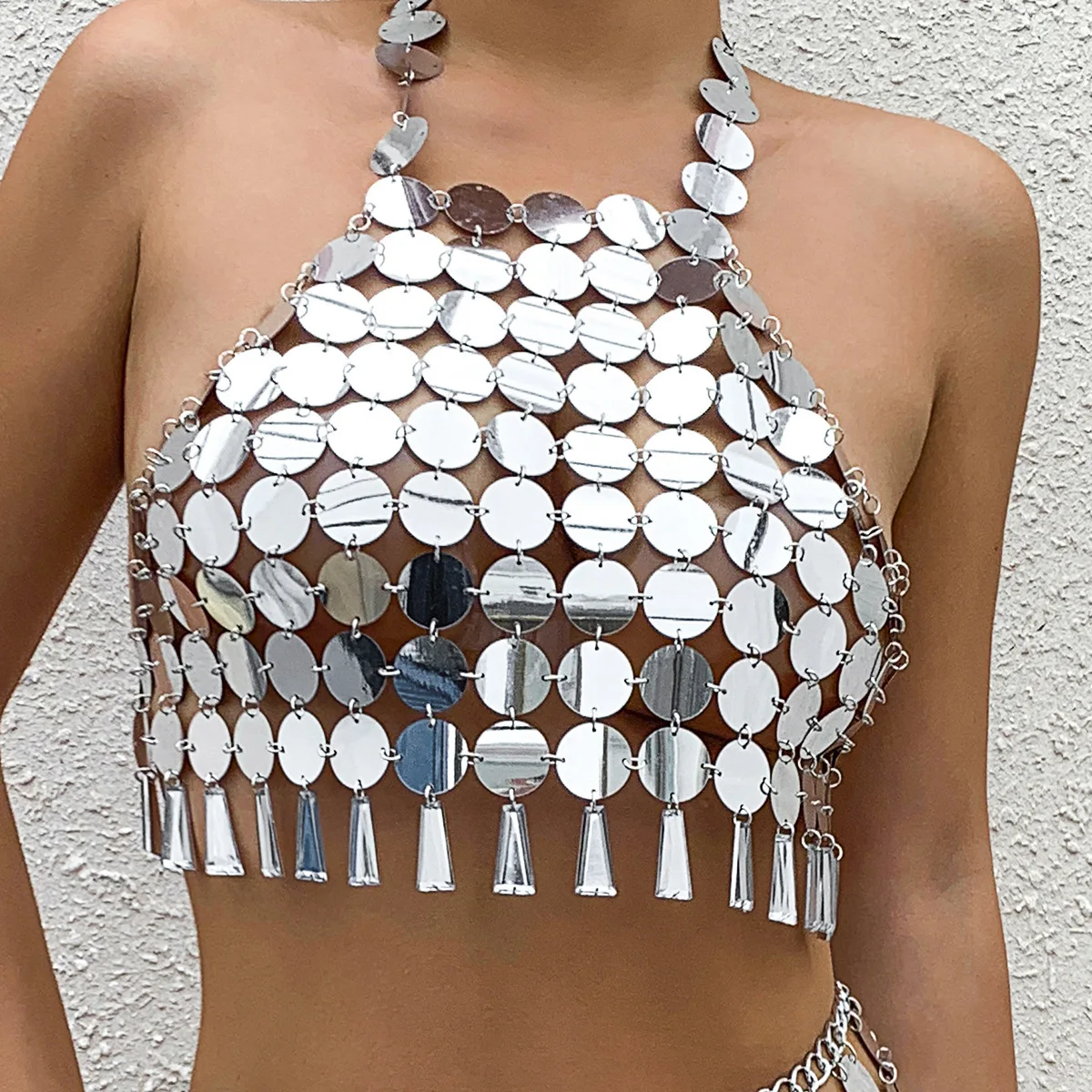 

Sexy Tassel Sequin Chic Women Lingerie Body Chain Top Water Drop Fishnet Metal Shiny Halter Chest Bra Bikini Sling Vest Jewelry