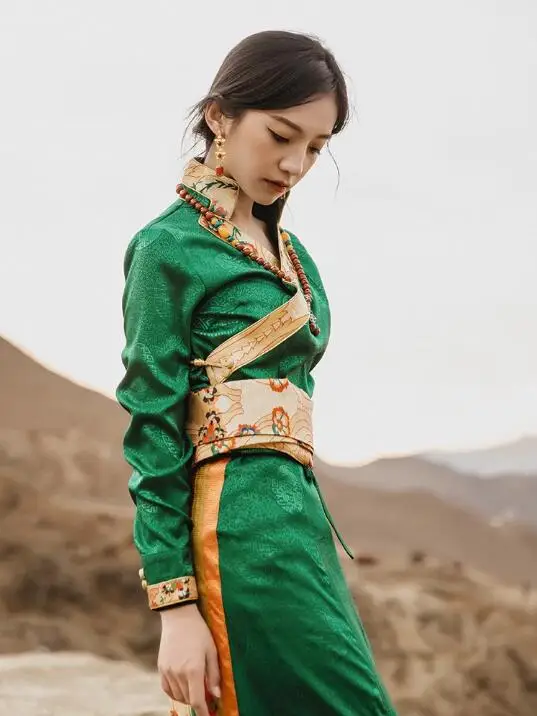 

Chinese Tibetan Green Women's Half Skirt Wrapped Skirt Guozhuang Dance Skirt Performance Dress