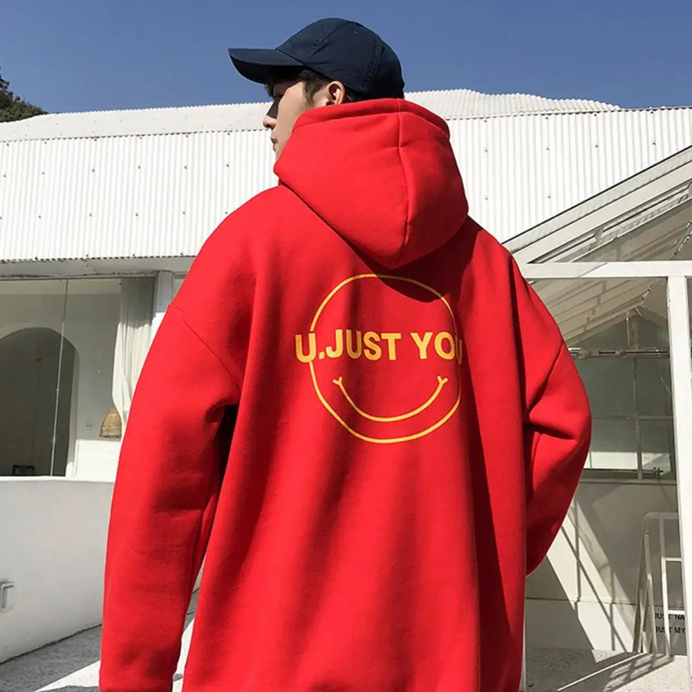 

Letter Print Hooded Fleece Lined Pullover Sweatshirt Velvet Lining Oversized Front Pocket Loose Men Hoodies Autumn Winter Hoodie