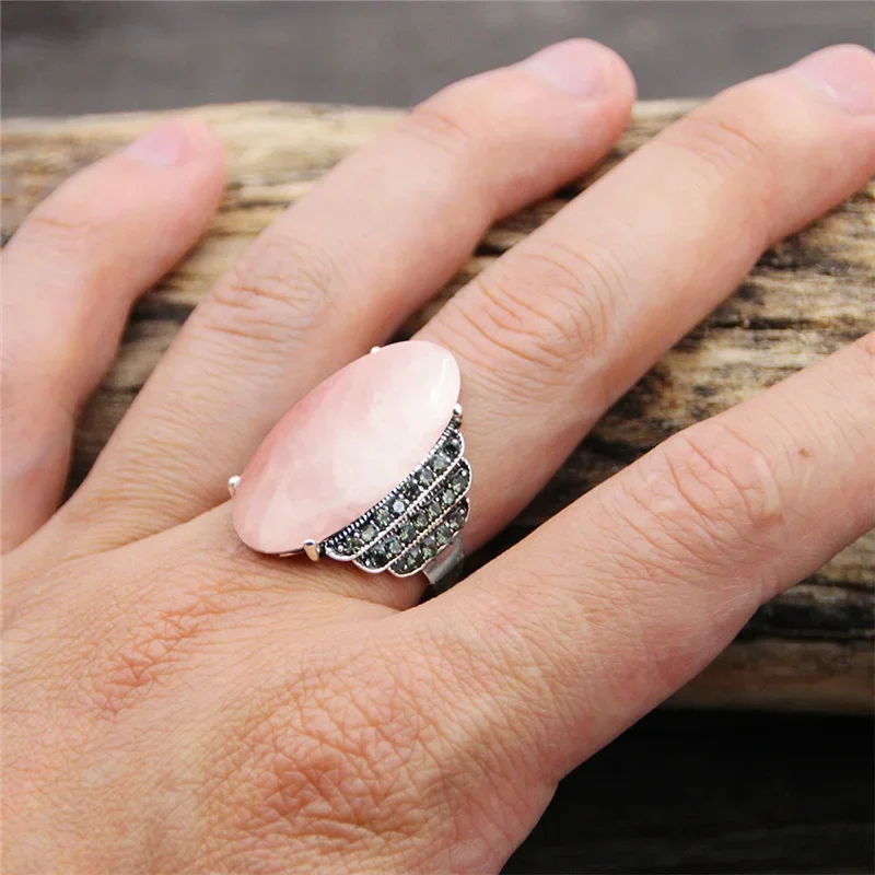 Finger Ring Silver Ring Vintage Natural Eye Shape Quartz Lapis Lazuli For Women Real Antique Silver Plated Natural Stone Unakite Rhinestone