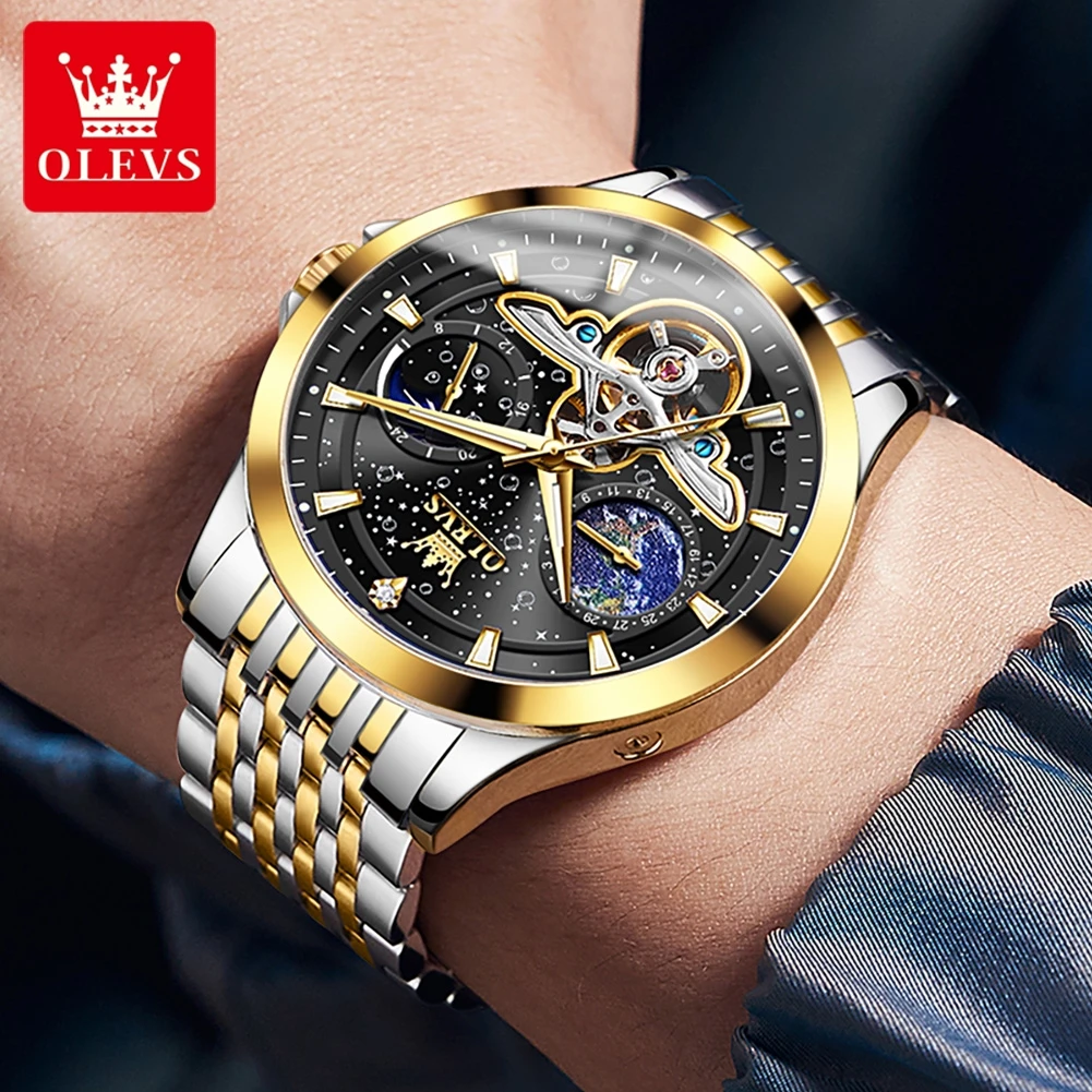 OLEVS Brand Luxury Tourbillon Mechanical Watch for Men Stainless Steel Waterproof Luminous Moon Phase Fashion Starry Sky Watches