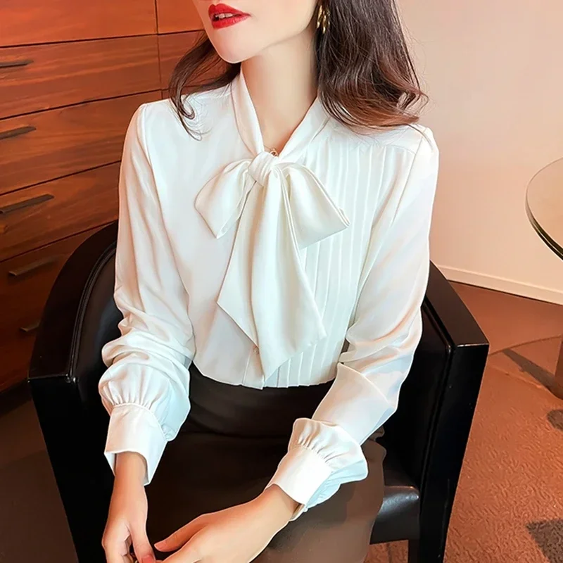 Elegant Bow Neck White Shirts Women Long Sleeve Korean Fashion