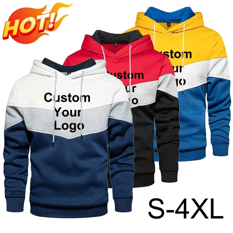 Men's Custom Your Logo Splicing Hoodies Pullover Autumn Winter Fleece Warm Sweatshirts Casual Sport Tops
