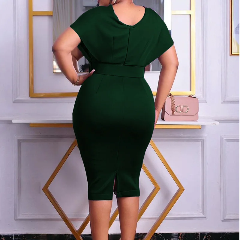 Africa Plus Size Fashion Female Clothing Sashes Solid High Waist Pencil Skirt V-Neck Pleated Zipper Summer Elegant Midi Dress