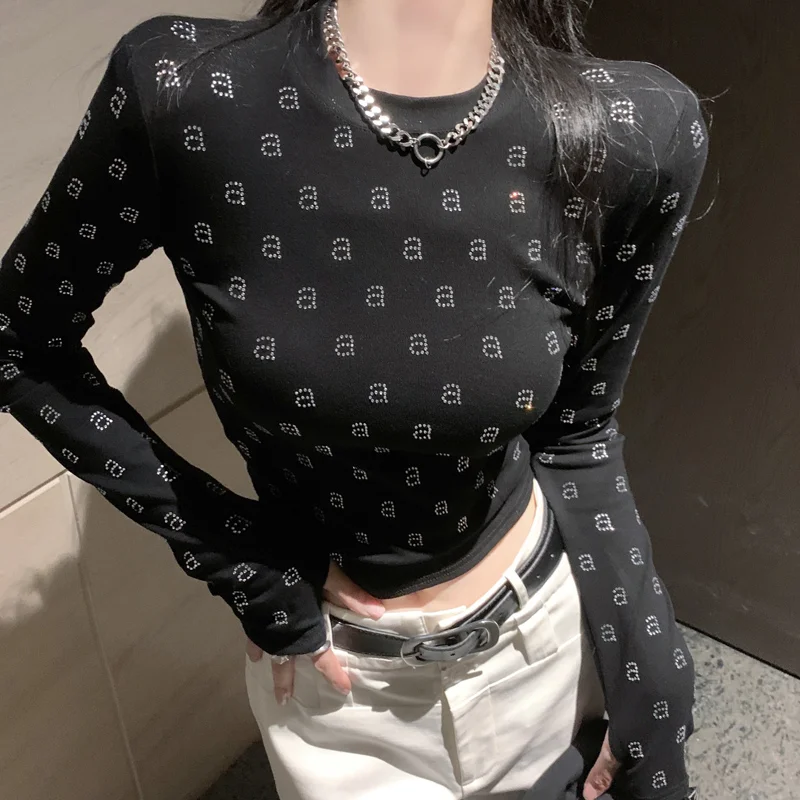 AW Wang Diamond A Letter O-neck Long Sleeve Black Slim T-shirt For Women Crop Top Tshirts Star Girl Y2k Short Stich Tees Clothes