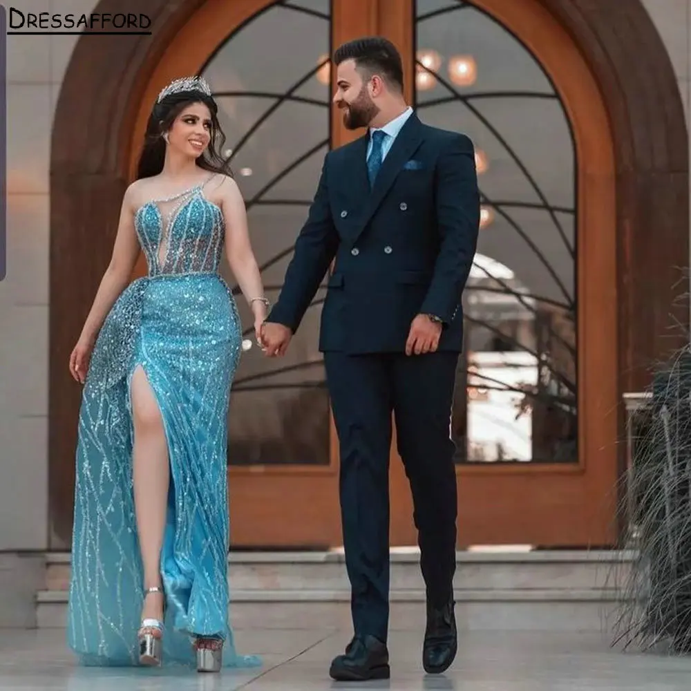 

Light Blue Diamonds Crystal Ribbons Sheath Evening Dress Dubai One Shoulder Beading Illusion Saudi Arabic Formal Party Gown