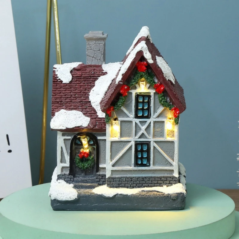 LED Resin House Village Ornaments Figurines Decoration Snow View House Holiday Christmas Glow Ornaments Gifts Party Home Decor