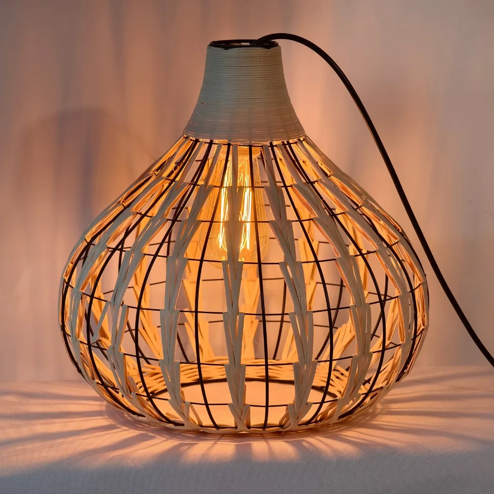 30cm Hand-woven Rattan Pendant Light Wicker Chandelier Light Dining Homestay Retro Hotel Hemp Rope Lantern Bamboo Hanging Lamp
