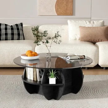Round Glass-Top Rustic Coffee Table 1