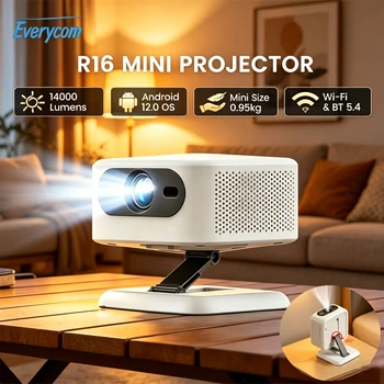 Mini Proiettore Everycom R16 14000 Lumen 0,95KG Ultraleggero Portatile per Campeggio e Home Cinema, Proiettore LED Smart Android 12 con Supporto