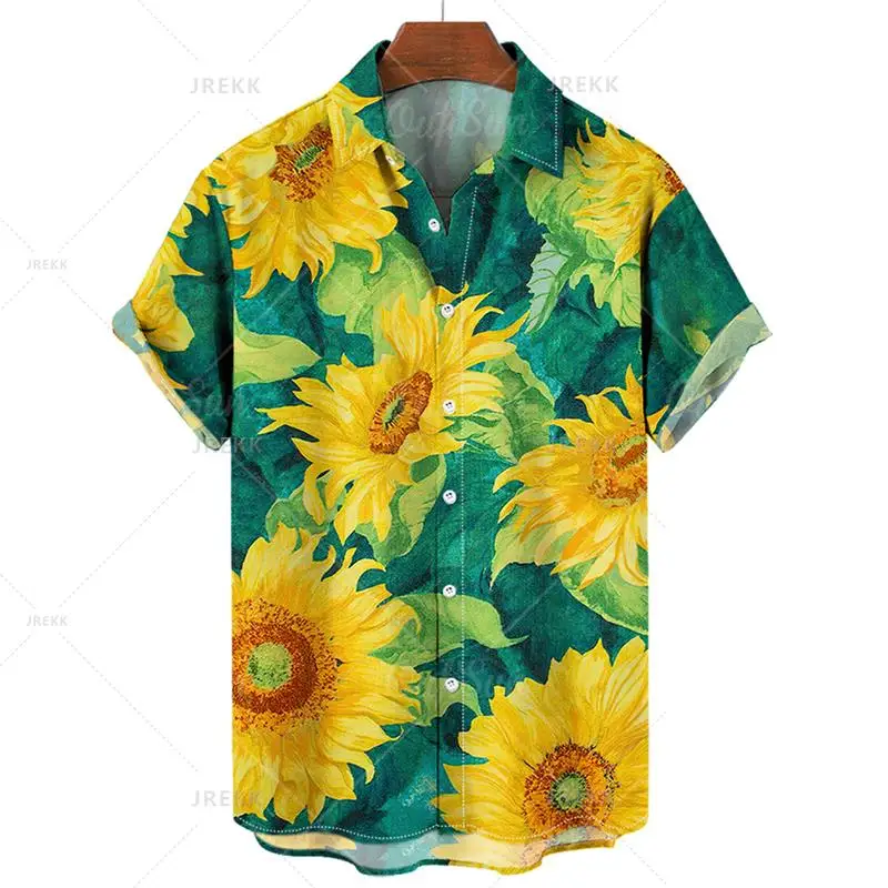 Camisas hawaianas para hombre, camisas con estampado de girasol en 3D para hombre, blusas de manga corta a la moda de talla grande, ropa para hombre