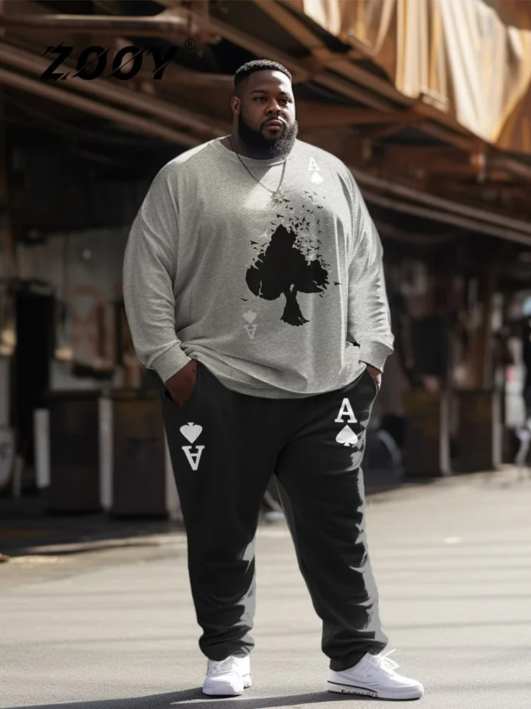 

ZOOY (L-9XL) Plus Size Men's Trendy Hip Hop Music Cartoon Fashion Graffiti Color-Blocked Crew Neck Sweatshirt Sweatpants Set of