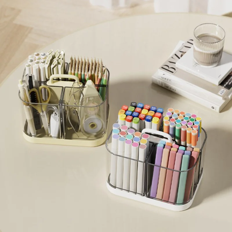 4-grid Divided Marker Pen Holder Desktop Storage Box High Quality Plastic Detachable Desktop Stationery Organizer with Handle