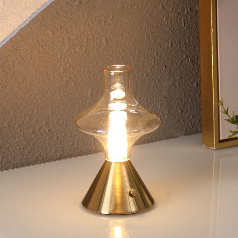 

Vintage Colorful LED Table Lamp Dimmable Gold Blue Orange Black Metal Amber Glass For Bedside Parlor Atmosphere Lighting