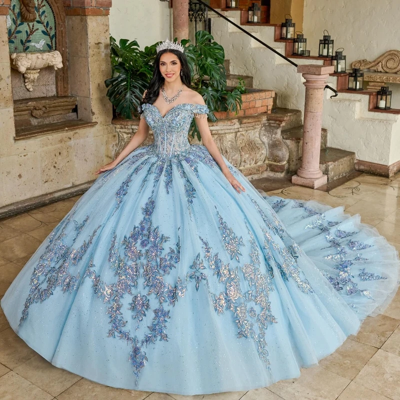 

Sky Blue Ball Gown Quinceanera Dresses 2024 Off Shoulder Beaded Appliques Lace Sequins Sweet 16 Dress Vestidos De 15 años