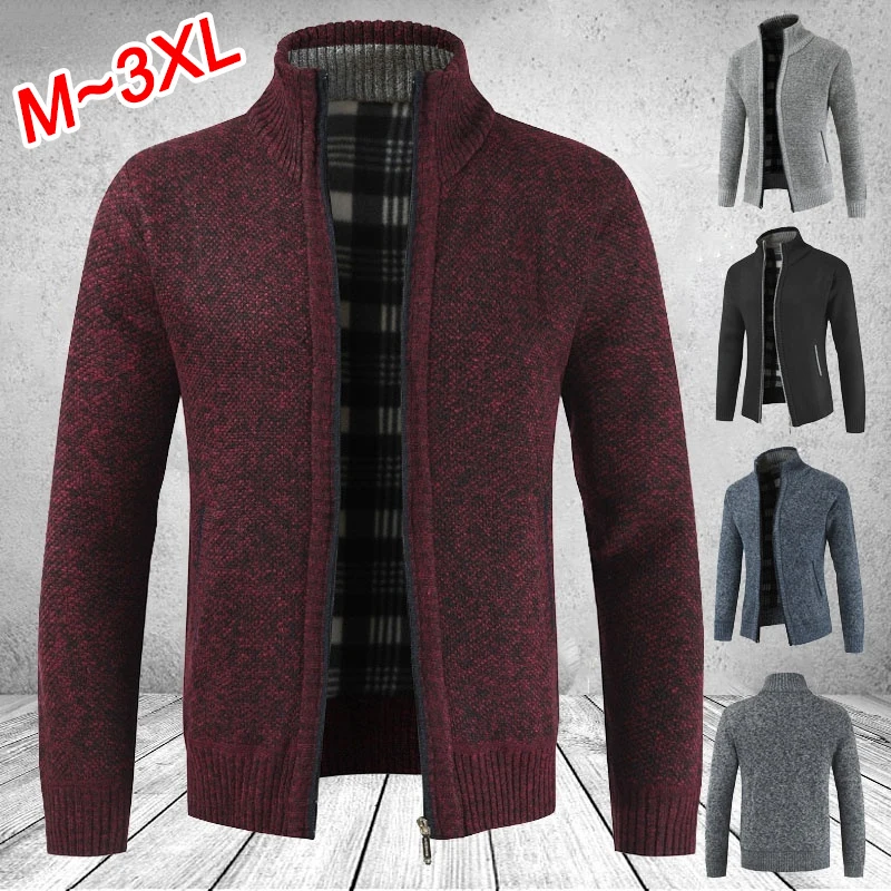 Autumn and Winter Men's Standing Collar Long Sleeve Knitted Sweater Coat Zipper Pocket Warm Jacket Coat Thick Cardigan Sweater