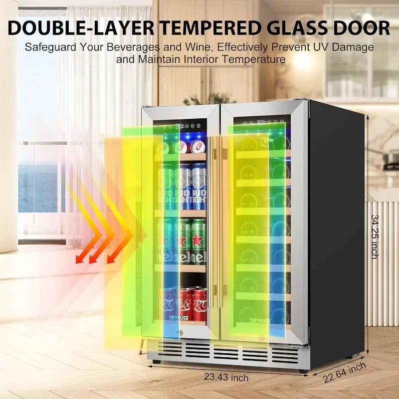 Wine & Beverage Refrigerator 24''-Dual Zone Beverage Fridge with Upgraded Cooling, Built-in or Freestanding