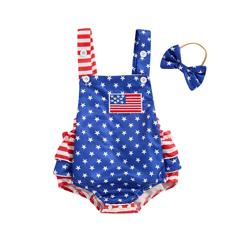 

Newborn Girl Outfit Stripes Stars Print Overalls Romper with Hairband 4th of July Clothing