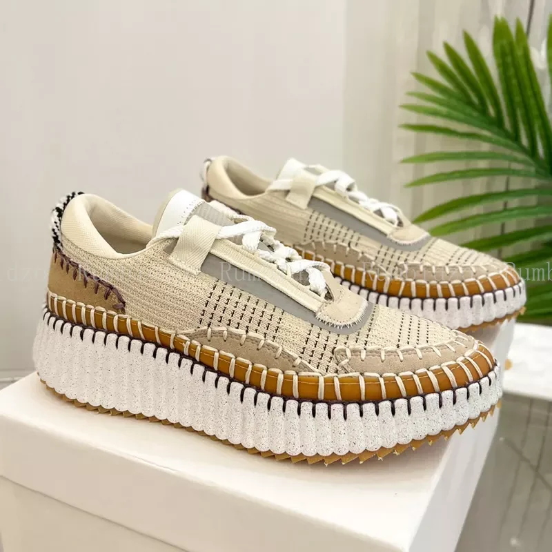

High Quality Women Flats Shoes Hand Stithced Luxury Walking Shoes Knitted Platform Sneakers Lace Up Patchwork Casual Shoes Mujer