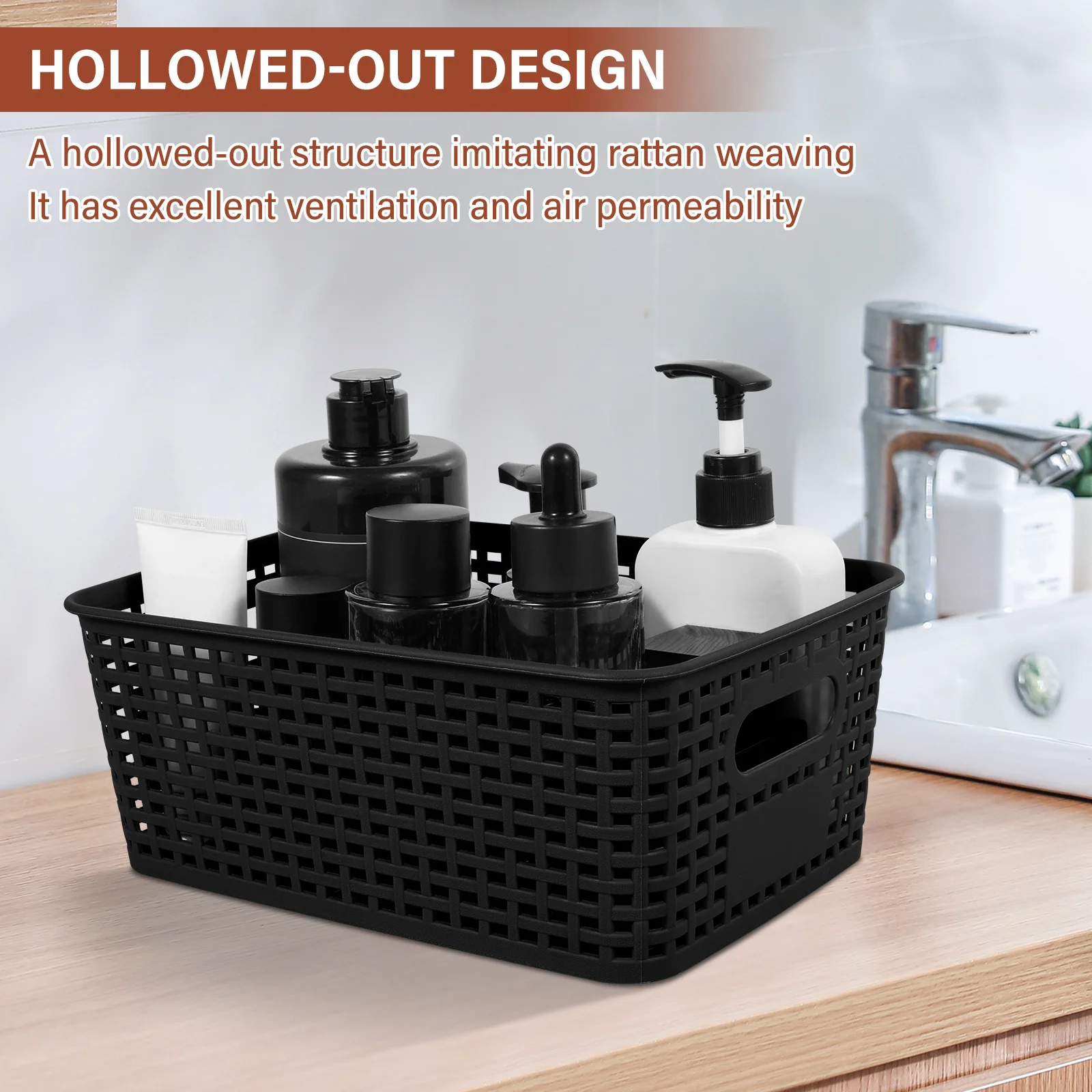 8Pcs Plastic Storage Basket Stackable Desktop Storage Organizer Bin with Handle and Lid Hollowed Out Side Woven Organizer Basket