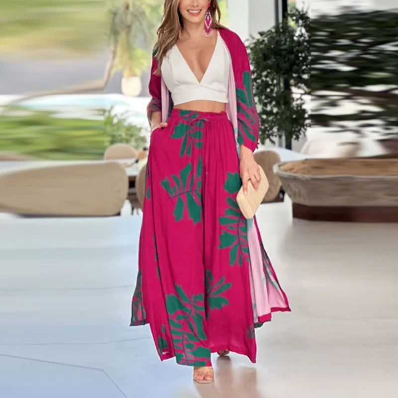 

Autumn And Winter New Long Sleeve Printed Shirt V-neck Cardigan Fashion Temperament High Waist Wide Leg Pants Fashion Suit Women