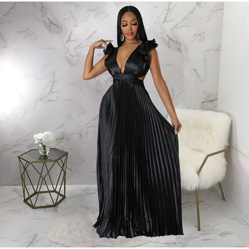 Women Solid Backless Elegant Long Dresses V-neck Pleated A-line Sexy Frock 2023 Spring Summer Evening Party Casual Style Dress