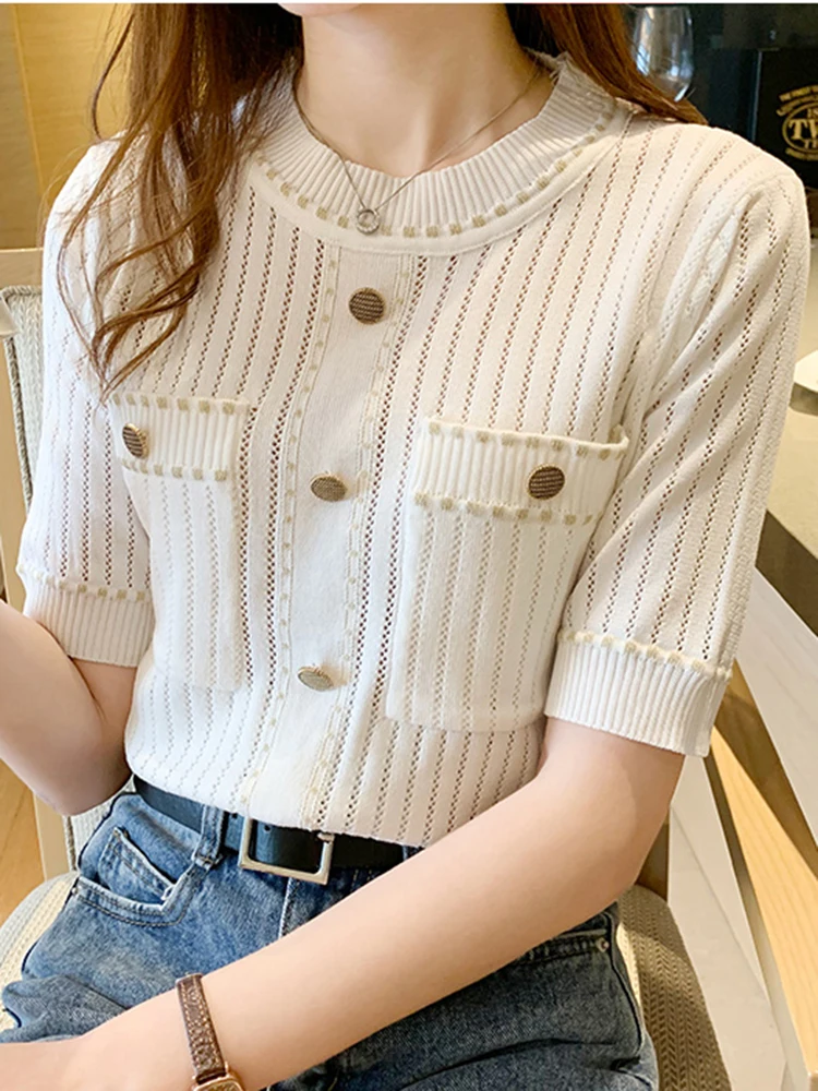 zjaiss White Tshirt Women Summer 2025 Short Sleeve Top Ladies Pockets Basic T Shirts Knitted Casual Clothes Tee Shirt Femme