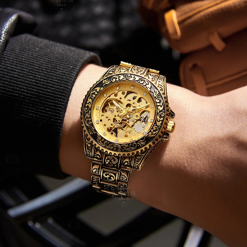 Gold Mechanical Watch Gold Skeleton Mechanical Watch Men Automatic
