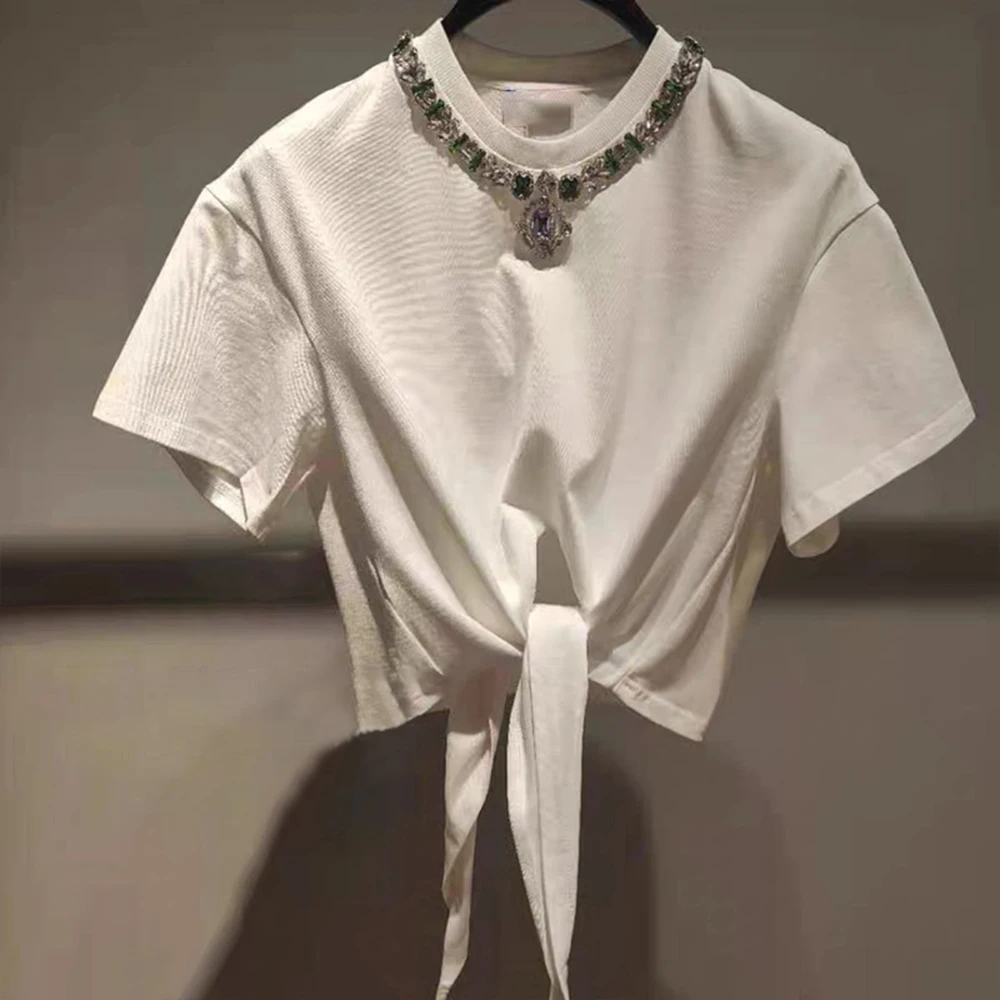 

Стразы, хлопковые футболки на шнуровке, весна-лето 2022, новые темпераментные универсальные футболки с круглым вырезом для женщин