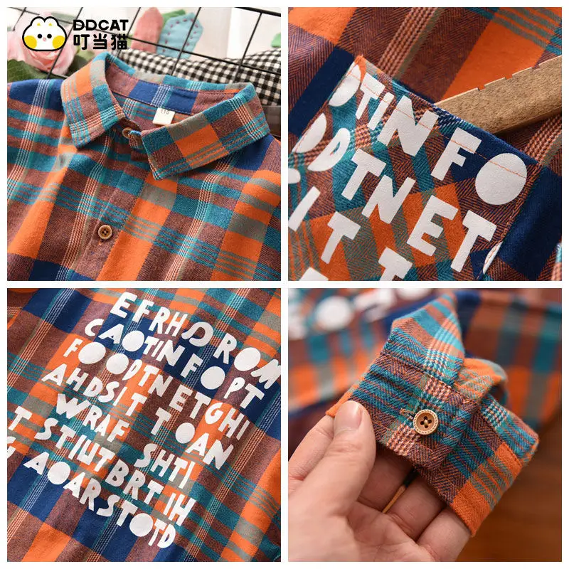 Boys' Shirt Autumn and Winter Cotton Handsome Coat Middle Children's Plaid Long Sleeve Plush Spring and Autumn Shirt