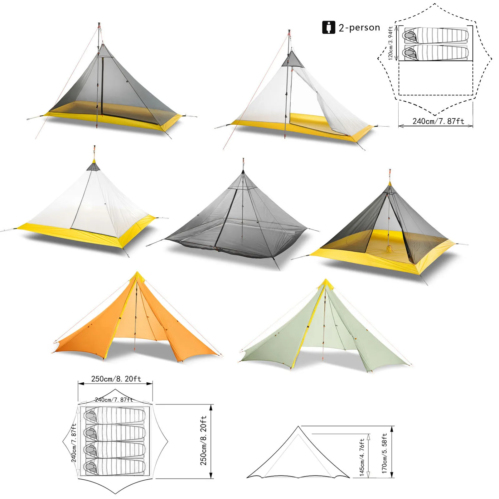 

Ultralight 2-4 Person 3/4 Season Camping Tent /Inner Tent 20D Nylon Both Sides Silicone Coating Rodless Pyramid Outdoor Flysheet