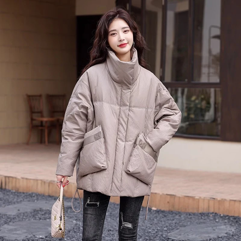 New Women Winter Oversized Leather Jacket Fashion Warm Stand Collar Casual Loose Sheepskin White Duck Down Coat Split Leather zoulv down jacket coat pullover leather jacket short casual women s stand collar warm cotton padded jacket winter new fashion