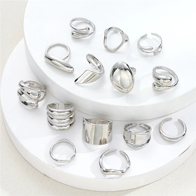14Pcs Punk Irregular Geometric Rings Set For Women  Exaggerated Smooth Silver Color Thick Chunky Ring Hip Hop Jewelry Gifts