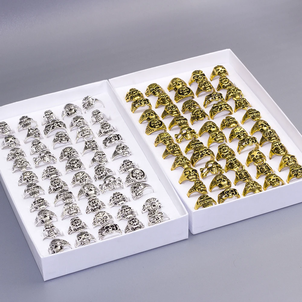 100Pcs Bulk Wholesale Ring Lots Skull Rings For Female Lady Man Skeleton Vintage Gothic Jewelry Biker Punk Ring Party