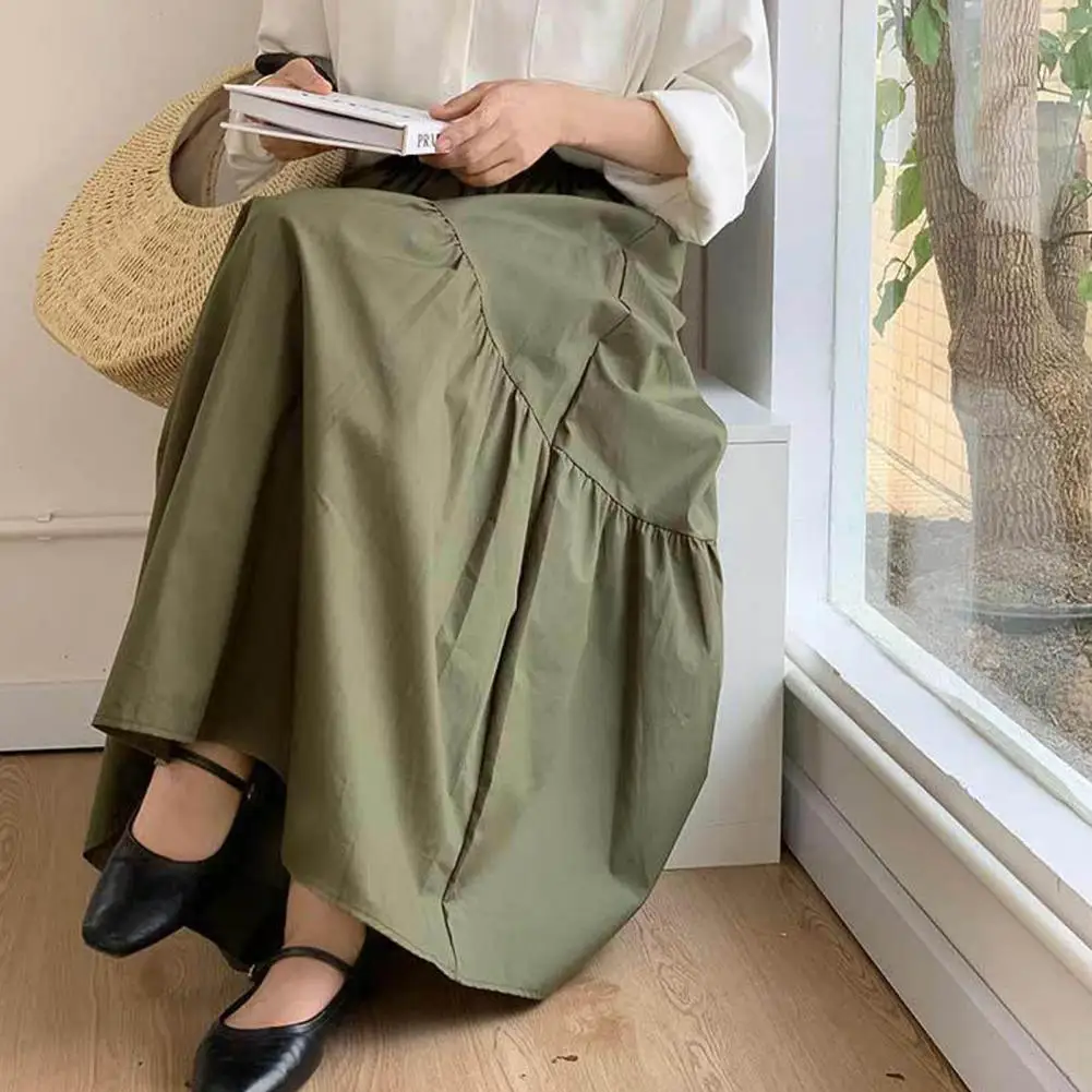 

Women Maxi Skirt Elastic Waist Women's Maxi Skirt Solid Color A-line Style with Retro Wavy Pleats Casual Loose Fit Long for A