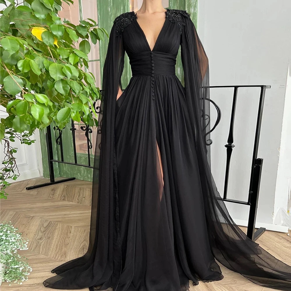 Gothic Zwarte Lange Cape Prom Kelderen V hals Kralen Applique Vrouwen Formele Avondjurken Arabisch Night Party Wear Maxi plus| | - AliExpress