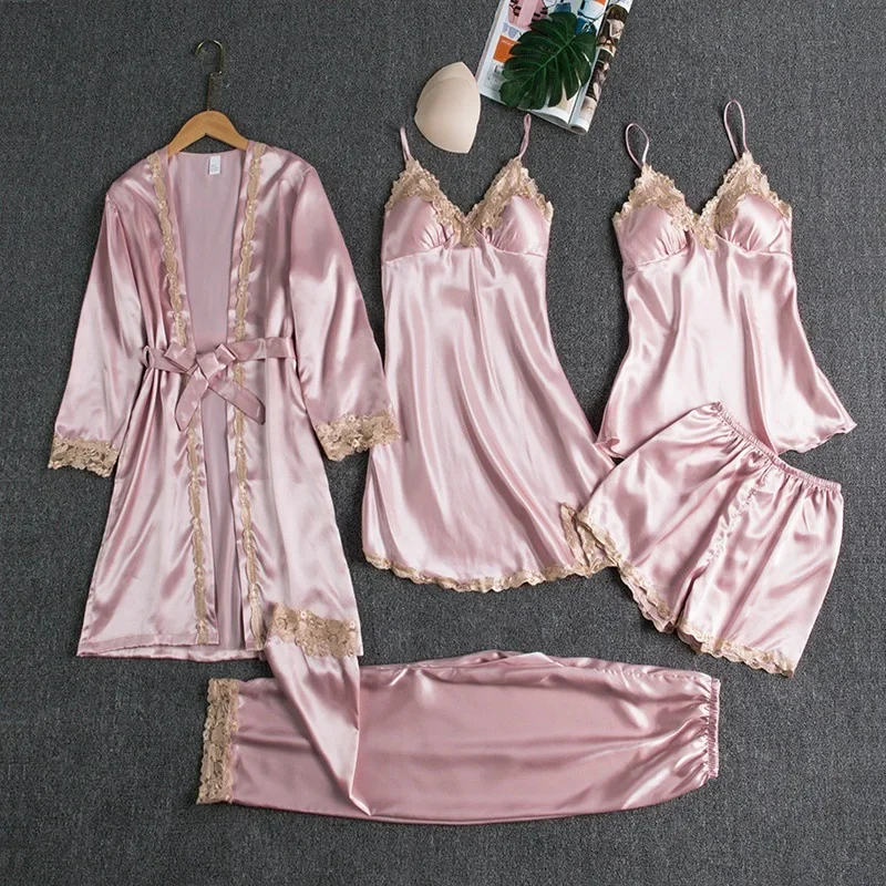 Lace Satin Women's Sleepwear Set Silk V-neck Nightgown 5 Piece_voghion.com
