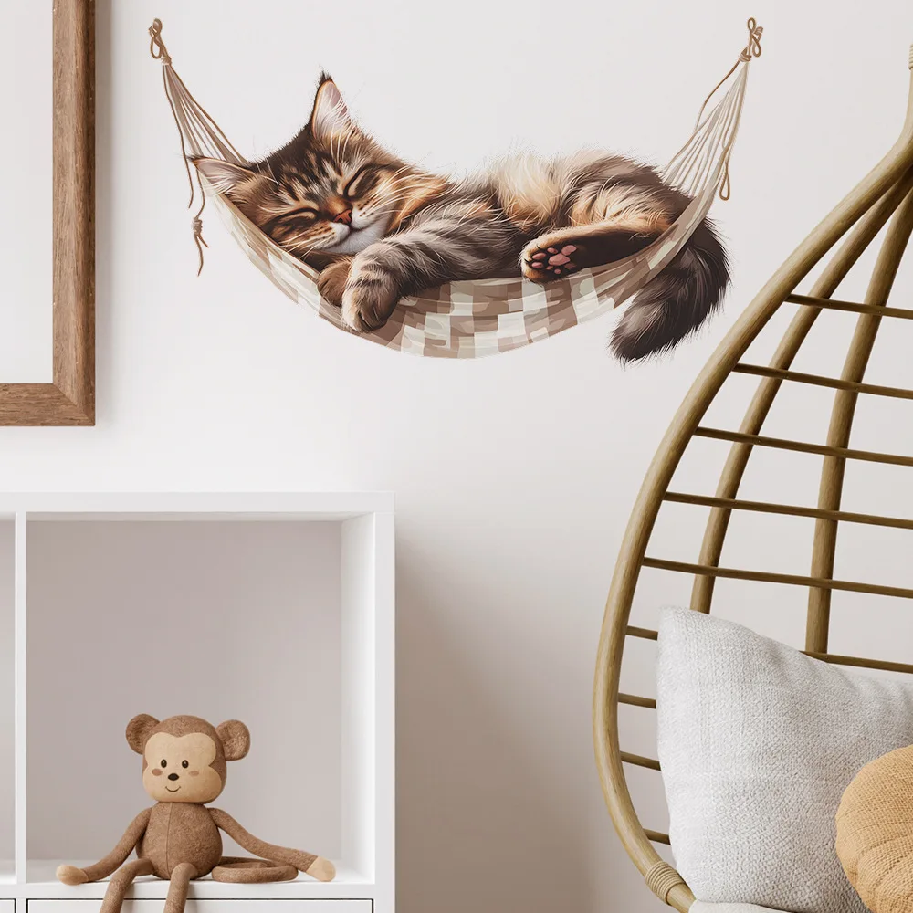 Creative Hammock Kitten Wall Stickers Kids Room Background Decor Wallpaper For Baby Bedroom Decoration Self-adhesive Home Decals wall stickers,luminous wall stickers,vinyl decal stickers,children room decoration