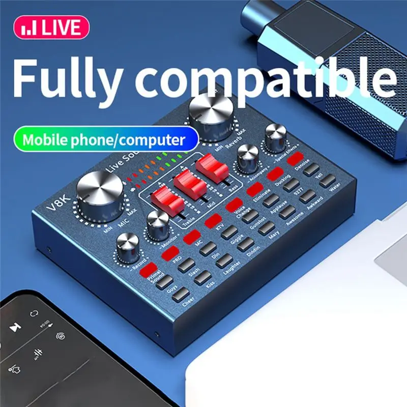 L19-V8K 오디오 USB 외부 사운드 카드 멀티 휴대용 마이크 모바일 폰 컴퓨터용 라이브 방송 사운드 카드