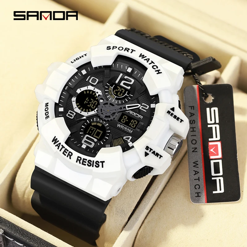 SANDA Men Military Watches White Sport Watch LED Digital 50M Waterproof Watch Men Multifunction Clock Relogio Masculino