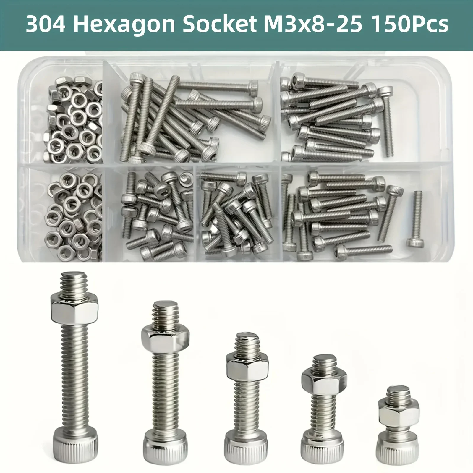 Screw Bolt Nut Set 150pcs/box Hex Head 304 Stainless Steel M3 for Small DIY Repair Projects