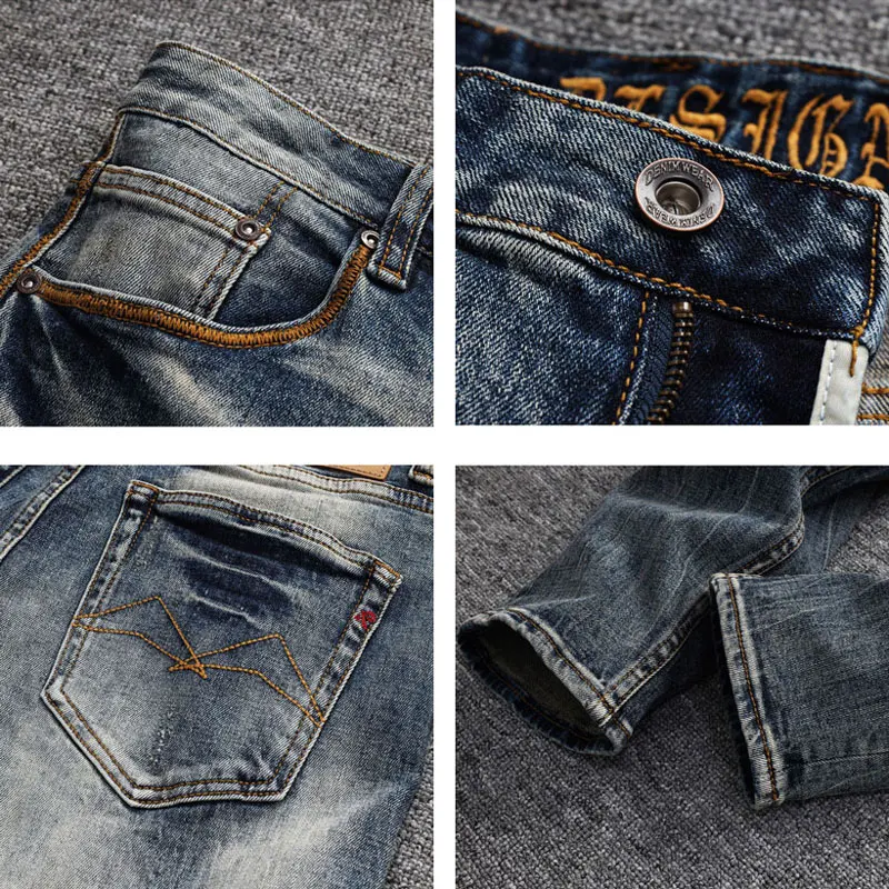 Fashion Streetwear Men Jeans High Quality Retro Washed Blue Elastic Slim Fit Ripped Jeans Men Vintage Designer Denim Pants Homme
