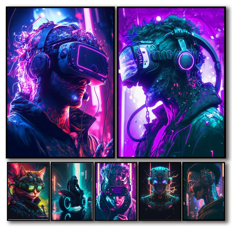 

80s Neon Punk Vr Video Game Gaming Poster Aesthetic Space Cat City Samurai Canvas Print Home Wall Art Kawaii Gamer Room Decor
