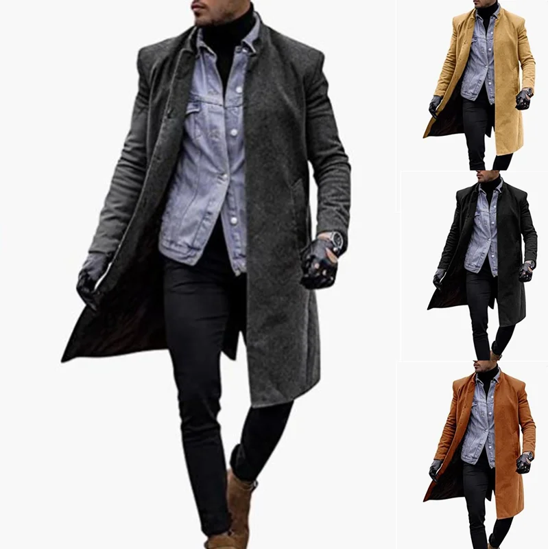 Winter Solid Color Mens Jacket Mid-length Men's Clothing Trench Coat Windbreaker Single Breasted Long Coats Jackets Man